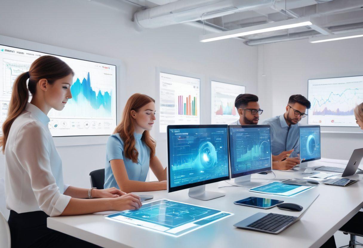 A futuristic workspace showcasing a variety of advanced communication tools like holographic displays, smart gadgets, and interactive interfaces. The setting is filled with vibrant colors and sleek modern design elements, emphasizing the concept of innovation in blogging. Include a diverse group of bloggers collaborating and sharing ideas in this high-tech environment. The background features glowing charts and digital interfaces, representing data and analytics. super-realistic. vibrant colors. white background.