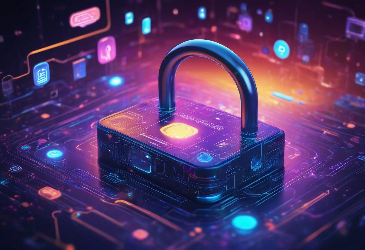 A futuristic digital landscape featuring a glowing lock being unlocked, symbolizing the unlocking of knowledge and insights. Surround the lock with floating holographic icons representing blogging and communication tools, such as pens, speech bubbles, and digital devices. Incorporate vibrant colors to create an engaging atmosphere that sparks curiosity about the future of digital communication. Include abstract patterns and circuit-like designs in the background. 3D. vibrant colors.