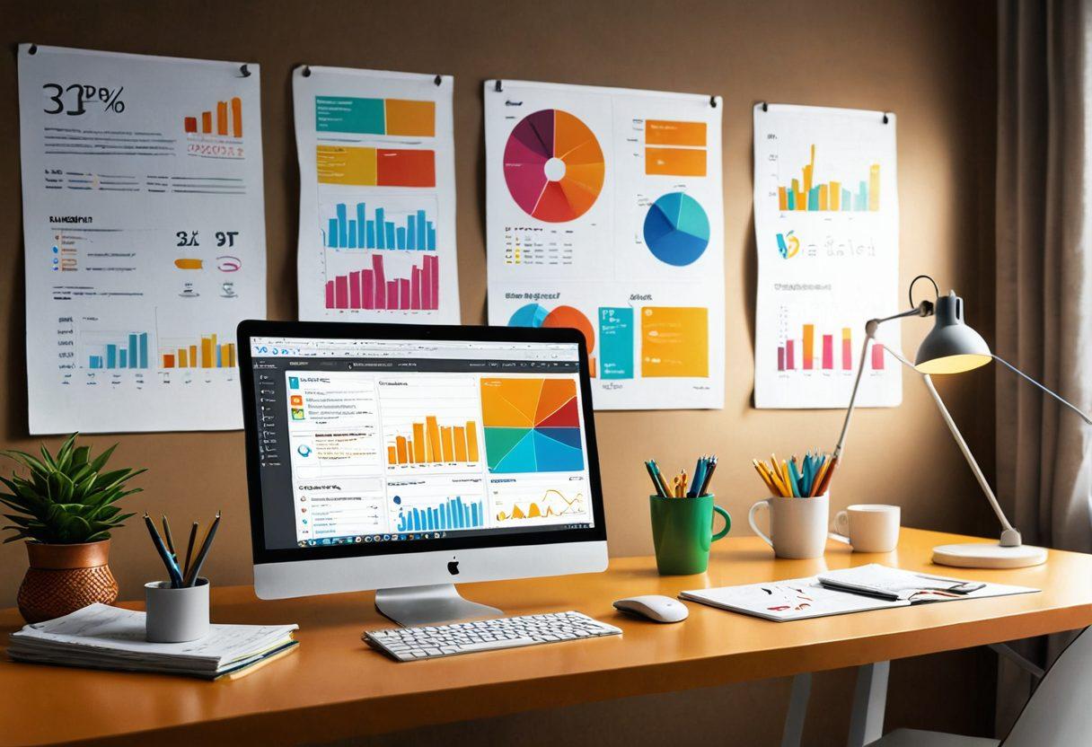 A dynamic workspace featuring a laptop open to a blog post with colorful digital resources surrounding it, such as infographics, charts, and vibrant screens displaying social media engagement statistics. A lightbulb symbolizing creativity shines above, while a coffee cup sits nearby to evoke inspiration. The scene should be bright and inviting, showcasing a flow of ideas and modernity. super-realistic. vibrant colors. 3D.